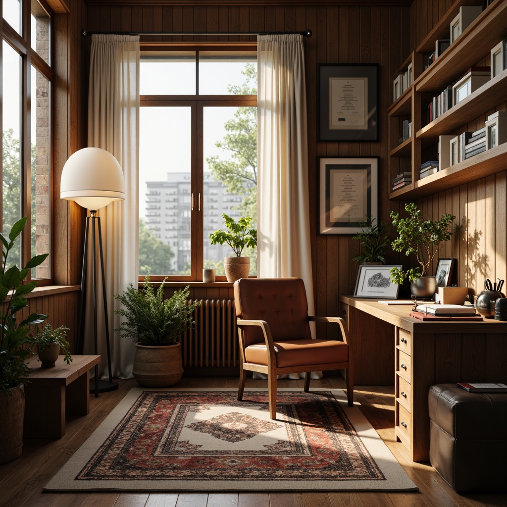 Prompt: Cozy home office, wooden desk, leather chair, floor lamp, warm softbox lighting, natural daylight, large windows, white curtains, bookshelves, framed certificates, minimal decor, earthy tone, rustic wood accents, comfortable seating area, task lighting, under-cabinet lighting, ambient glow, 1/1 composition, shallow depth of field, realistic textures.