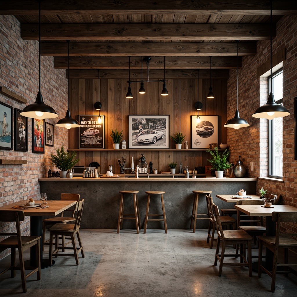 Prompt: Rustic wooden planks, distressed metal accents, vintage car posters, eclectic art pieces, industrial pendant lamps, concrete floors, exposed brick walls, reclaimed wood shelves, metallic epoxy coatings, graffiti-inspired murals, urban loft atmosphere, warm dim lighting, shallow depth of field, 1/2 composition, realistic textures, ambient occlusion.