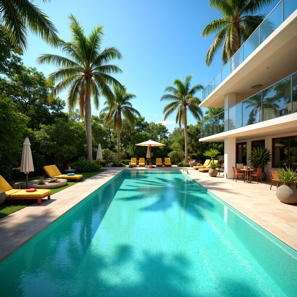 Prompt: Vibrant turquoise pool water, sunny day, bright blue sky, lush greenery surroundings, tropical palm trees, colorful outdoor furniture, modern minimalist architecture, sleek glass railings, warm beige stone decking, refreshing misting systems, shallow depth of field, 1/1 composition, soft warm lighting, realistic textures, ambient occlusion.