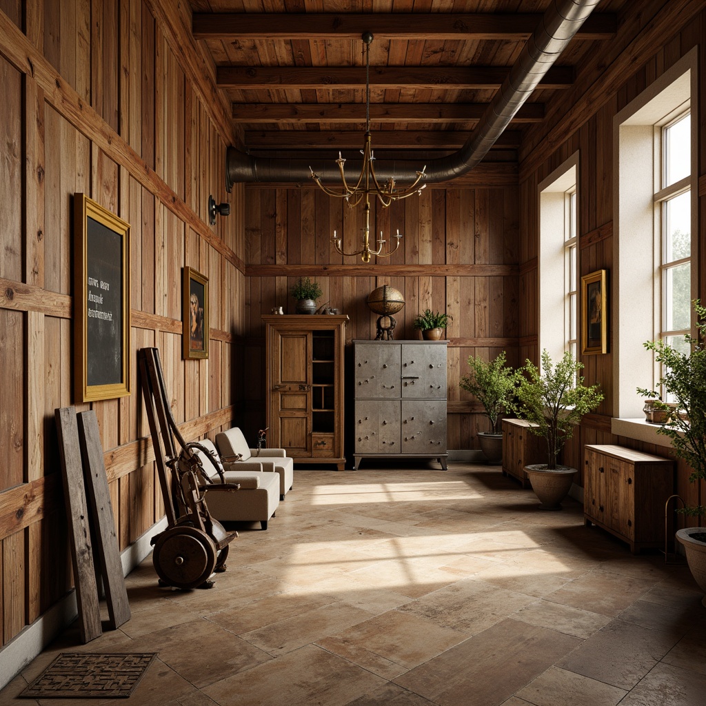 Prompt: Rustic wooden walls, distressed wood panels, vintage sports equipment, antique metal lockers, rich wood tones, warm beige colors, natural stone accents, traditional architectural details, ornate ceiling moldings, large windows, soft warm lighting, shallow depth of field, 1/2 composition, realistic textures, ambient occlusion.Let me know if you need any adjustments!