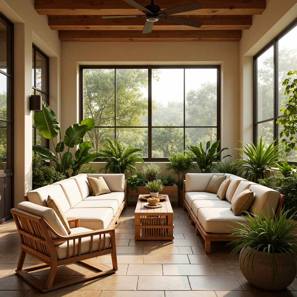 Prompt: Cozy sunroom, large windows, natural light pouring in, warm beige walls, soft cream-colored furniture, plush throw pillows, vibrant greenery, tropical plants, wicker armchairs, rattan coffee tables, natural stone floors, warm wood accents, modern minimalist decor, subtle texture variations, shallow depth of field, 1/2 composition, soft focus, warm golden lighting.