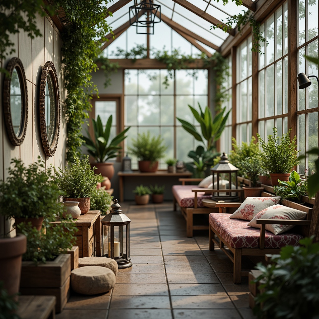 Prompt: Whimsical greenhouse interior, distressed wooden planters, vintage metal lanterns, soft pastel hues, lace curtains, floral patterns, ornate mirrors, rustic wooden benches, velvet pillows, antique gardening tools, lush greenery, tropical plants, climbing vines, natural stone flooring, reclaimed wood accents, warm candlelight, misty atmosphere, shallow depth of field, 1/1 composition, romantic ambiance, soft focus effect.