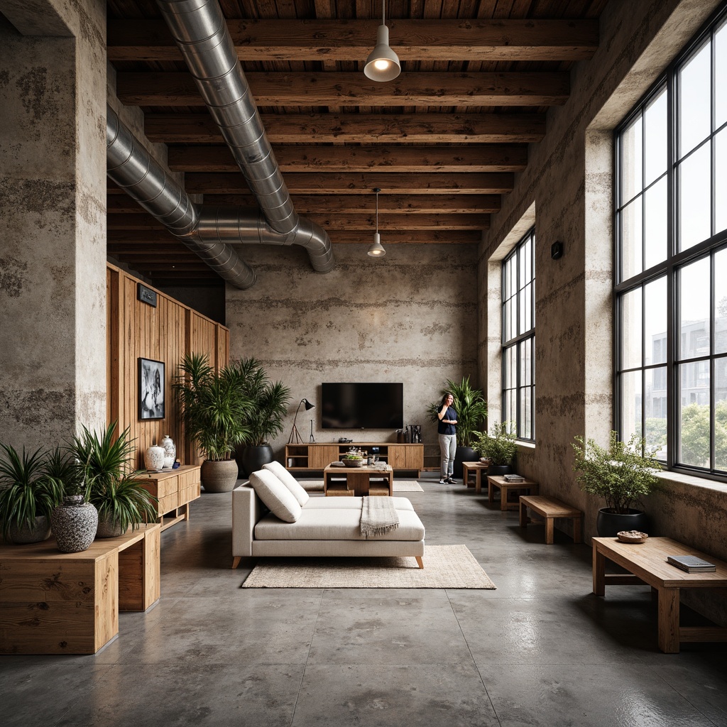 Prompt: Rustic industrial space, reclaimed wood accents, distressed metal finishes, earthy color palette, natural stone walls, concrete flooring, minimalist decor, urban loft atmosphere, large windows, soft diffused lighting, shallow depth of field, 3/4 composition, realistic textures, ambient occlusion.