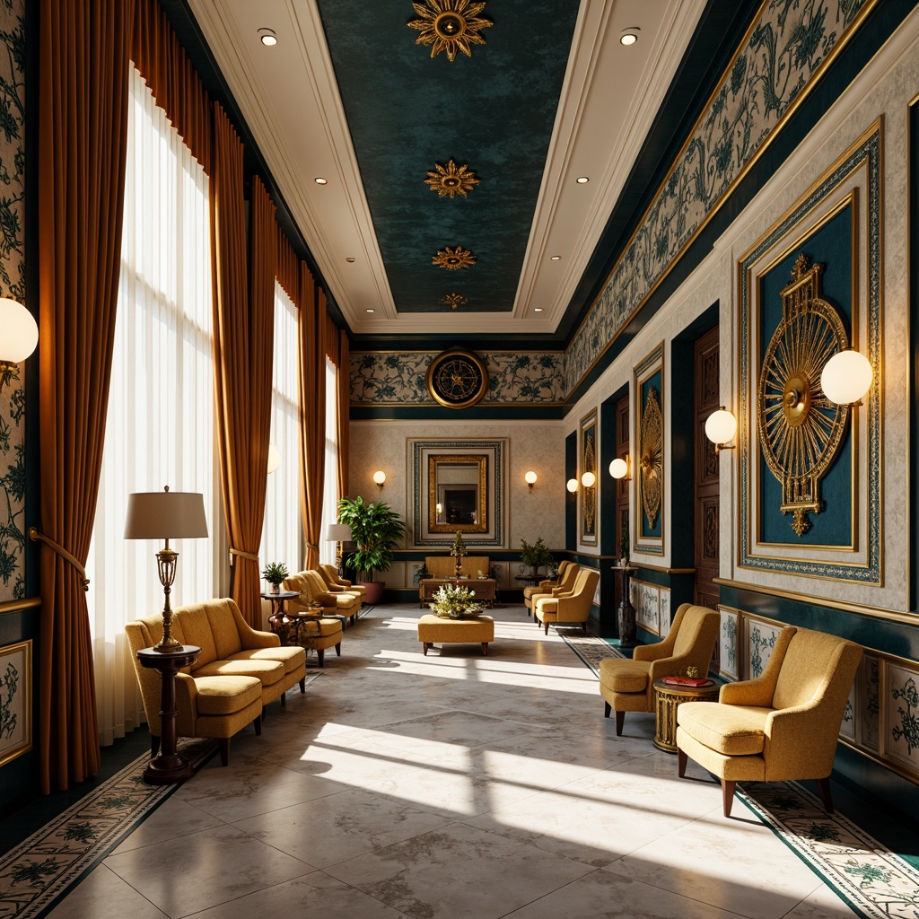 Prompt: Luxurious Art Deco interior, metallic accents, rich jewel-toned colors, bold geometric patterns, ornate mirrors, lavish textiles, velvet drapes, marble floors, opulent furnishings, golden lighting fixtures, cream-colored walls, deep blue ceilings, intricate moldings, gilded details, sunburst motifs, hexagonal tiles, glossy finishes, glamorous ambiance, dramatic shadows, high-contrast lighting, 1/1 composition, ornate framing, luxurious materials.