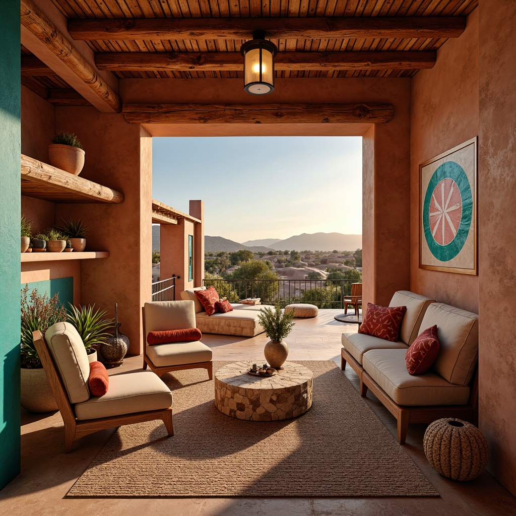 Prompt: Vibrant turquoise accents, warm terracotta walls, earthy sienna tones, soft sandy beiges, rich wooden textures, natural stone features, woven Native American-inspired patterns, bold geometric shapes, rustic metal details, cozy desert landscape views, clear blue skies, dramatic sunset hues, warm ambient lighting, shallow depth of field, 1/1 composition, realistic adobe-style architecture.