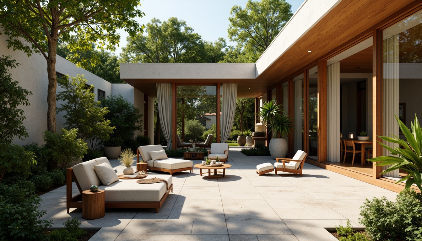 Prompt: Serene open courtyard, lush greenery, natural stone flooring, wooden accents, large windows, sliding glass doors, minimalist decor, functional furniture, organic shapes, earthy color palette, warm ambient lighting, shallow depth of field, 3/4 composition, panoramic view, realistic textures, ambient occlusion, mid-century modern architecture, clean lines, minimal ornamentation, open floor plan, flowing interior spaces, natural materials, organic forms, retro-inspired patterns, cozy reading nooks, comfortable seating areas.