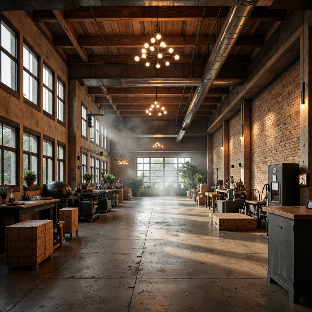 Prompt: Rustic distribution center, reclaimed wood accents, metal beams, exposed ductwork, industrial pendant lighting, Edison bulb fixtures, wooden crates, vintage machinery, distressed concrete floors, natural stone walls, earthy color palette, warm ambient lighting, shallow depth of field, 1/2 composition, realistic textures, atmospheric fog effects.