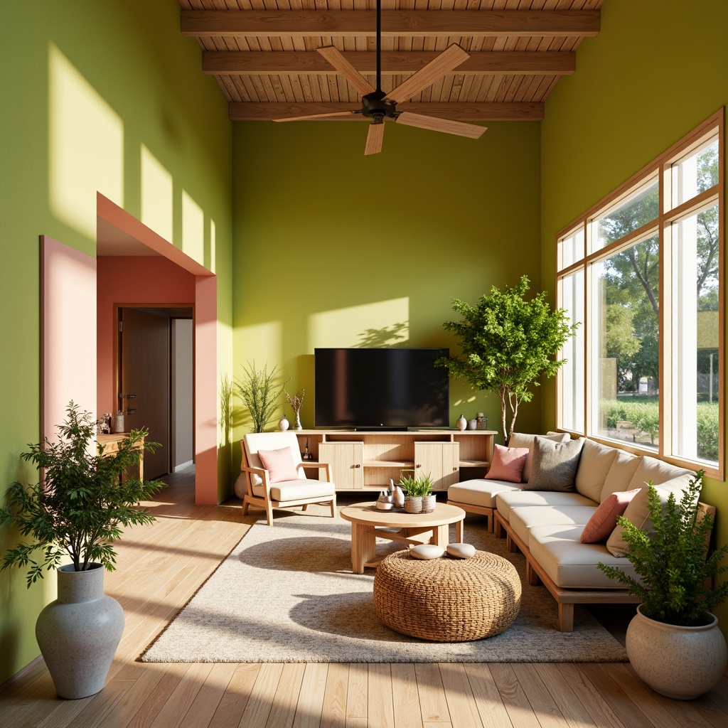 Prompt: Vibrant lime green walls, soft peach accents, creamy white trim, natural wood textures, subtle golden metallic details, lush greenery, warm sunny day, shallow depth of field, 1/2 composition, realistic renderings, ambient occlusion, cozy modern interior design, open-plan living space, minimalist decor, eclectic furniture pieces, woven textiles, earthy ceramics, harmonious color balance.