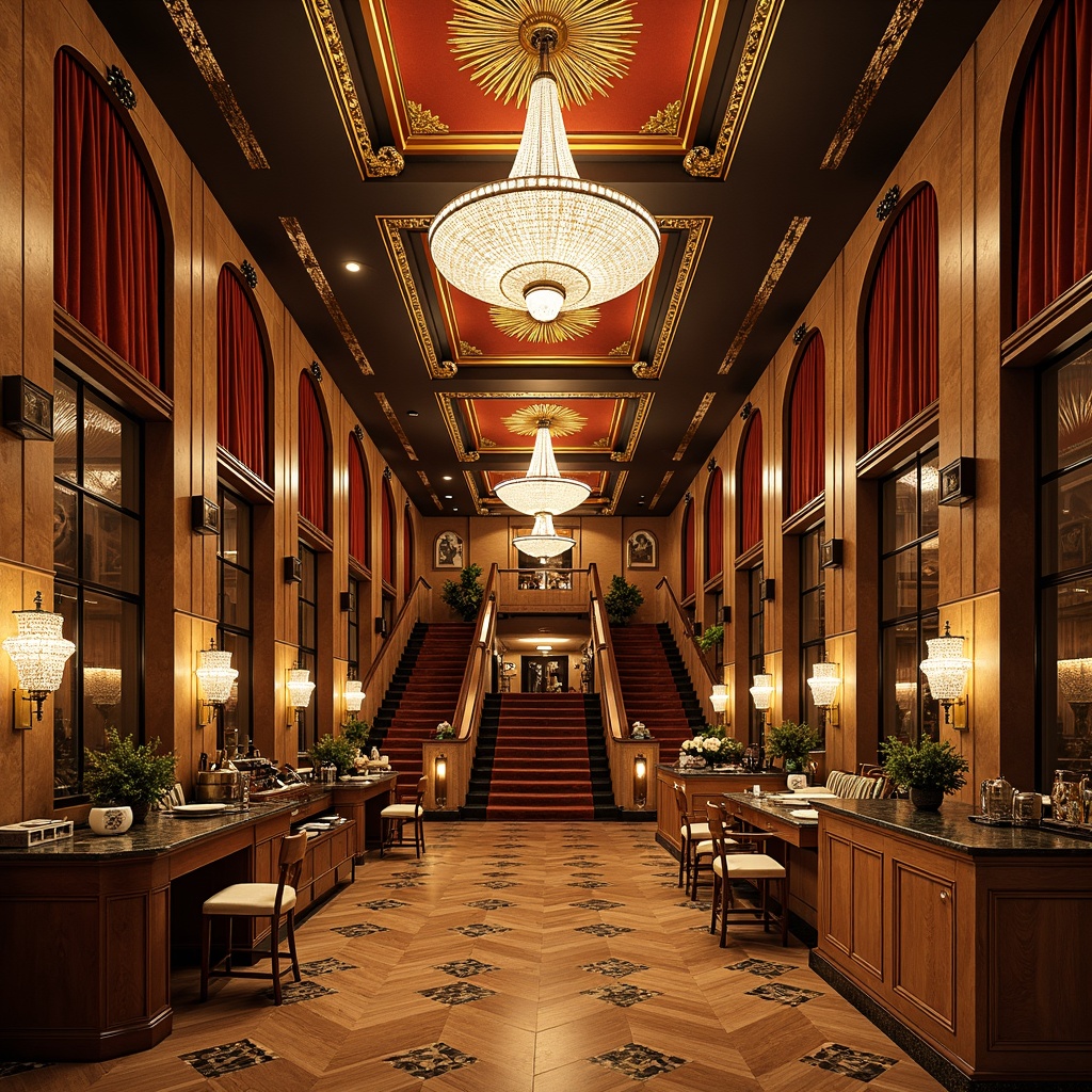 Prompt: Luxurious Art Deco interior, ornate geometric patterns, metallic accents, lavish furnishings, velvet drapes, crystal chandeliers, inlaid wood floors, sculpted ceilings, sunburst motifs, bold color schemes, metallic leafing, beveled mirrors, opulent textiles, antique artifacts, rich marble countertops, grand staircases, dramatic archways, warm golden lighting, soft focus, 1/1 composition, ornate framing, high-contrast rendering.