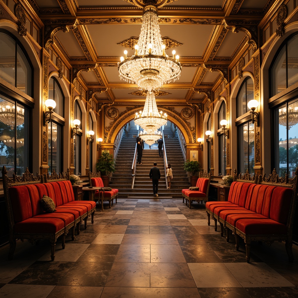 Prompt: Ornate metro station, grand chandelier lighting, lavish furnishings, rich velvet upholstery, intricately carved wooden benches, gilded metal accents, ornamental mirrors, polished marble floors, dramatic archways, sweeping staircases, luxurious textures, warm golden lighting, soft focus, 1/1 composition, symmetrical framing, high-contrast colors, detailed ornaments, regal atmosphere.