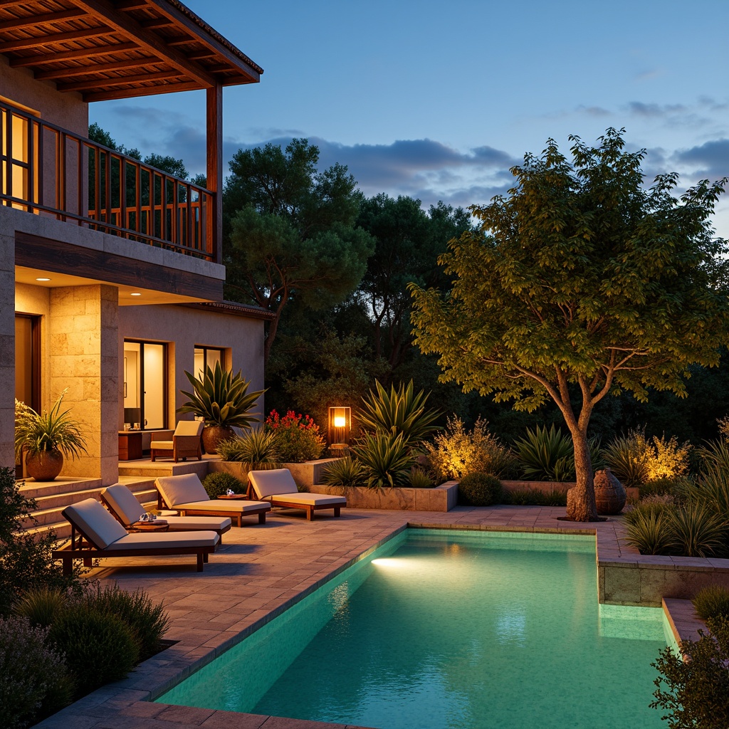 Prompt: Warm Mediterranean villa, soft warm lighting, golden hour glow, rustic stone walls, terracotta tiles, wooden beam ceilings, lush greenery, vibrant flowers, sparkling turquoise pool, outdoor seating areas, lantern-style lighting, candlelit ambiance, ambient shadows, shallow depth of field, 1/2 composition, realistic textures, atmospheric perspective.