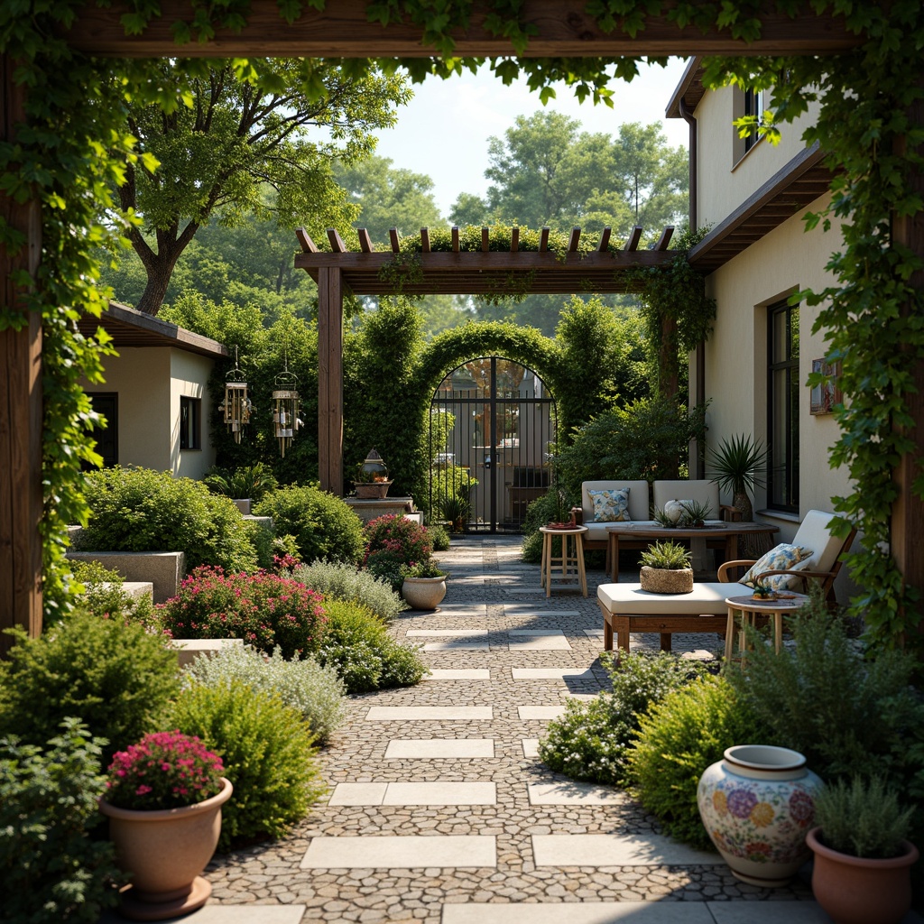 Prompt: Lush greenery, exotic plants, natural stone pathways, wooden trellises, vintage gardening tools, ornate metal gates, whimsical wind chimes, eclectic outdoor furniture, colorful ceramic pots, intricate mosaics, soft warm lighting, shallow depth of field, 3/4 composition, panoramic view, realistic textures, ambient occlusion.