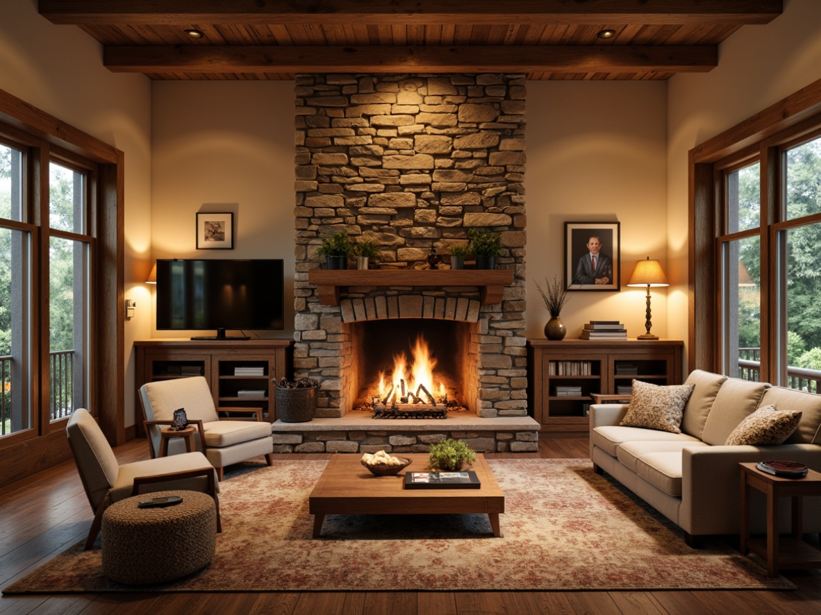 Prompt: Cozy living room, rich wood accents, warm beige walls, plush carpeting, comfortable velvet sofas, rustic stone fireplaces, soft golden lighting, intricate wooden paneling, natural fiber rugs, earthy color palette, inviting ambiance, warm neutral tones, tactile rough-hewn textures, organic shapes, 1/1 composition, shallow depth of field, realistic materials, ambient occlusion.