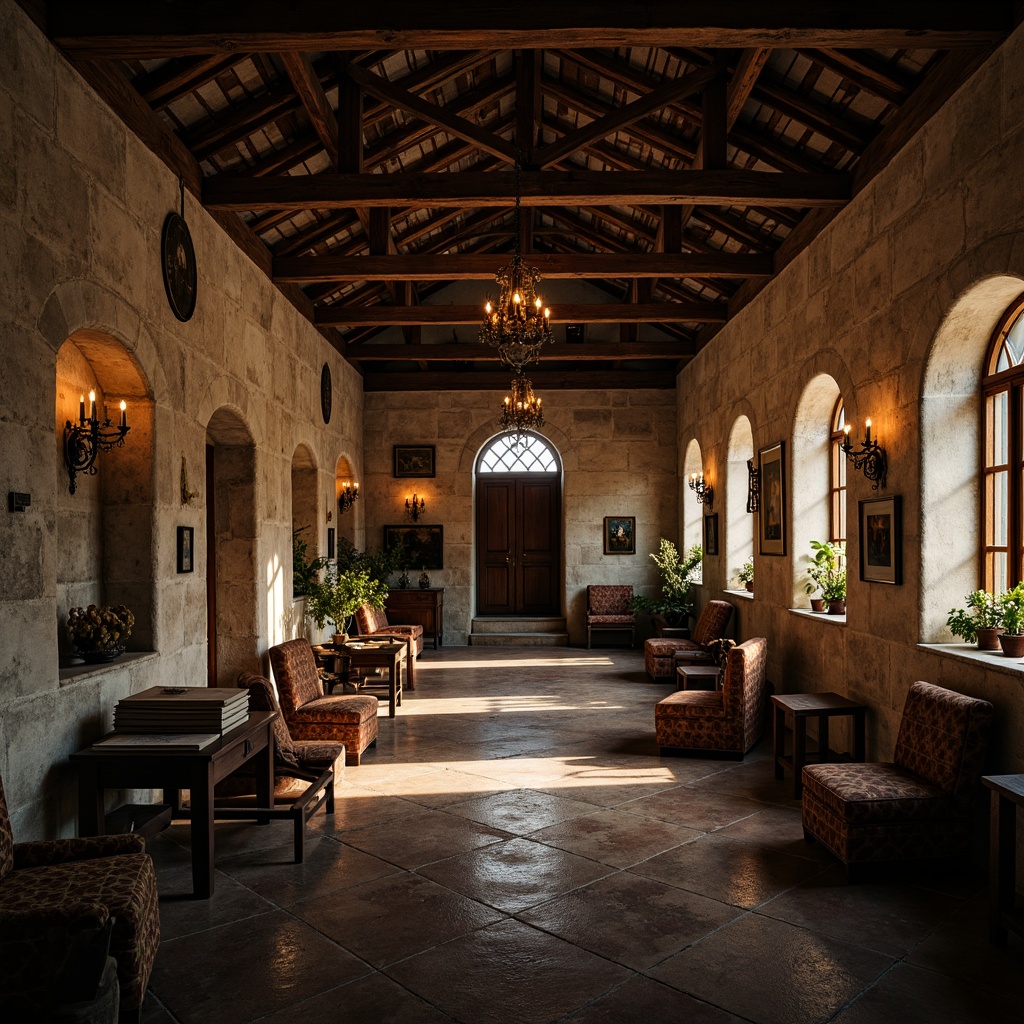 Prompt: Rustic monastery, distressed stone walls, worn wooden beams, dimly lit corridors, soft warm candlelight, stained glass windows, ornate metal chandeliers, vintage furniture, faded tapestries, aged manuscripts, mysterious ambiance, dramatic shadows, warm color palette, golden hour lighting, shallow depth of field, 1/1 composition, cinematic view, realistic textures, ambient occlusion.