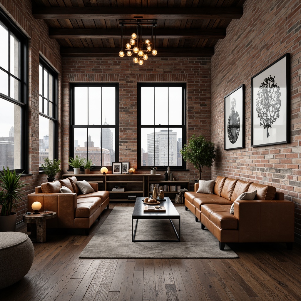 Prompt: Exposed brick walls, metal beams, reclaimed wood floors, vintage factory lights, distressed leather sofas, industrial metal coffee tables, Edison bulb chandeliers, urban loft windows, cityscape views, concrete accent walls, minimalist decor, functional shelving units, metallic accents, modern art pieces, abstract sculptures, sleek low-profile sectionals, rich textiles, warm ambient lighting, 1/2 composition, shallow depth of field, realistic textures.