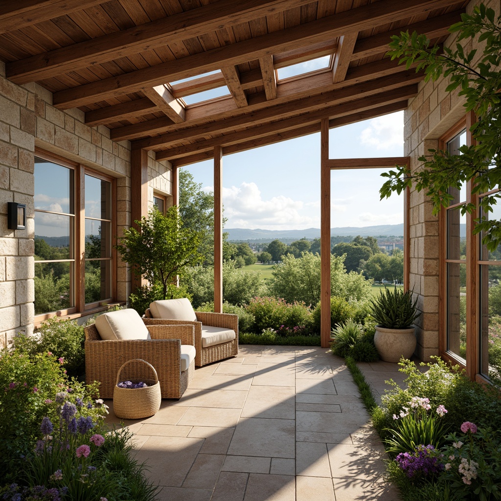 Prompt: Cozy sunroom, farmhouse charm, natural stone walls, reclaimed wood accents, lush greenery, vibrant flowers, rustic wooden beams, large windows, sliding glass doors, clerestory windows, skylights, soft warm lighting, shallow depth of field, 1/2 composition, panoramic view, realistic textures, ambient occlusion, countryside landscape, rolling hills, blooming wildflowers, sunny day, gentle breeze.