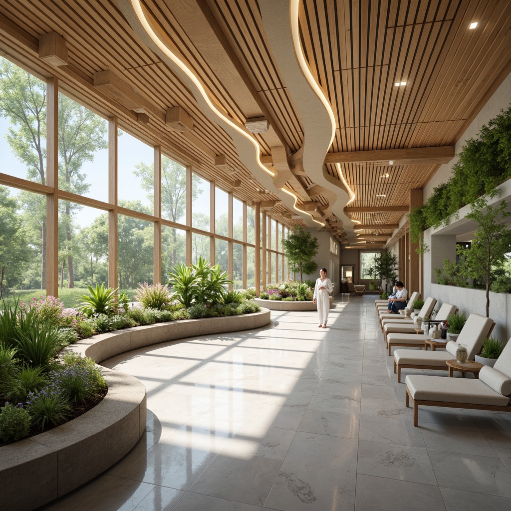 Prompt: Soothing healthcare facility, calming ambiance, natural materials, wooden accents, gentle curves, organic shapes, warm white lighting, soft pastel colors, comforting textiles, peaceful artwork, serene water features, lush green walls, vibrant plants, floor-to-ceiling windows, abundant natural light, subtle LED lighting, 1/1 composition, realistic rendering, ambient occlusion, warm color temperature, cozy atmosphere, minimalist decor.