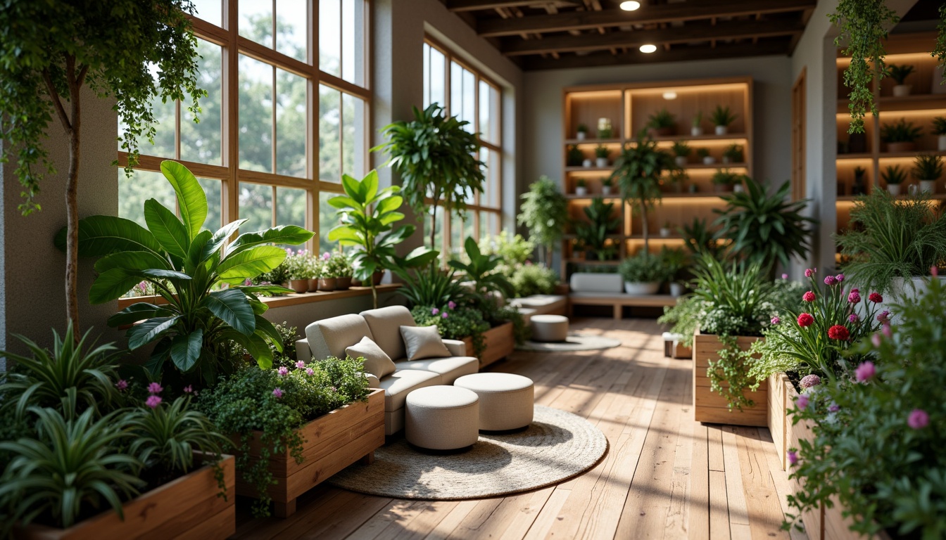 Prompt: Lush greenery, thriving indoor plants, modern planter boxes, natural wood accents, earthy color palette, cozy reading nooks, comfortable seating areas, soft warm lighting, rustic stone walls, reclaimed wood shelves, hanging botanical gardens, vibrant floral patterns, organic textures, shallow depth of field, 1/1 composition, realistic renderings, ambient occlusion, serene atmosphere.