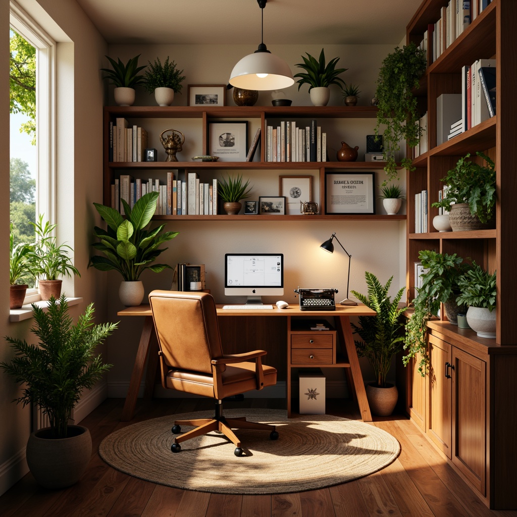 Prompt: Cozy home office, academic style, wooden desk, leather chair, floor lamp, bookshelves, vintage typewriter, framed certificates, green plants, natural textiles, warm beige walls, softbox lighting, shallow depth of field, 1/1 composition, realistic wood textures, ambient occlusion, calm atmosphere, productive workspace.