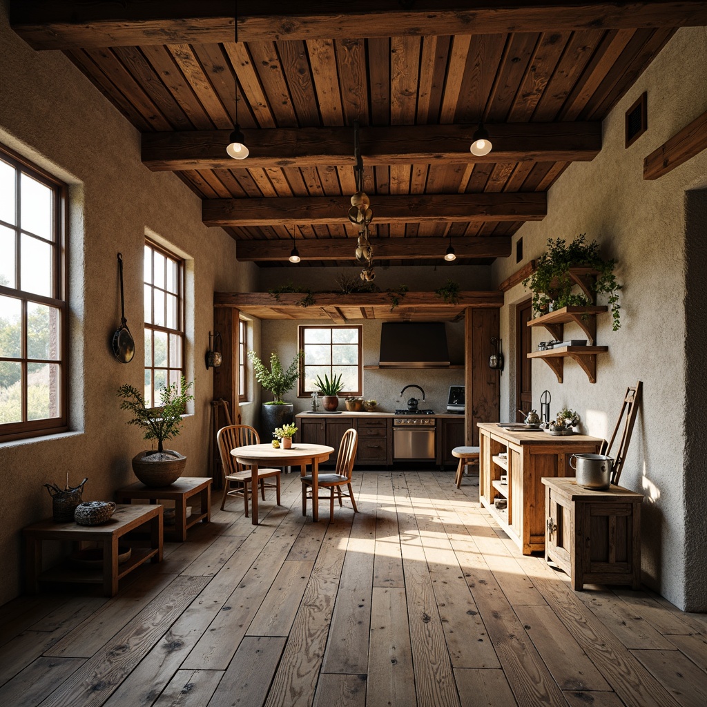 Prompt: Rustic farmhouse, distressed wood planks, weathered metal accents, vintage farm tools, earthy color palette, natural stone walls, exposed brick textures, reclaimed barn wood, wooden beams, rustic metal roofing, corrugated iron sheets, soft warm lighting, shallow depth of field, 3/4 composition, panoramic view, realistic textures, ambient occlusion.