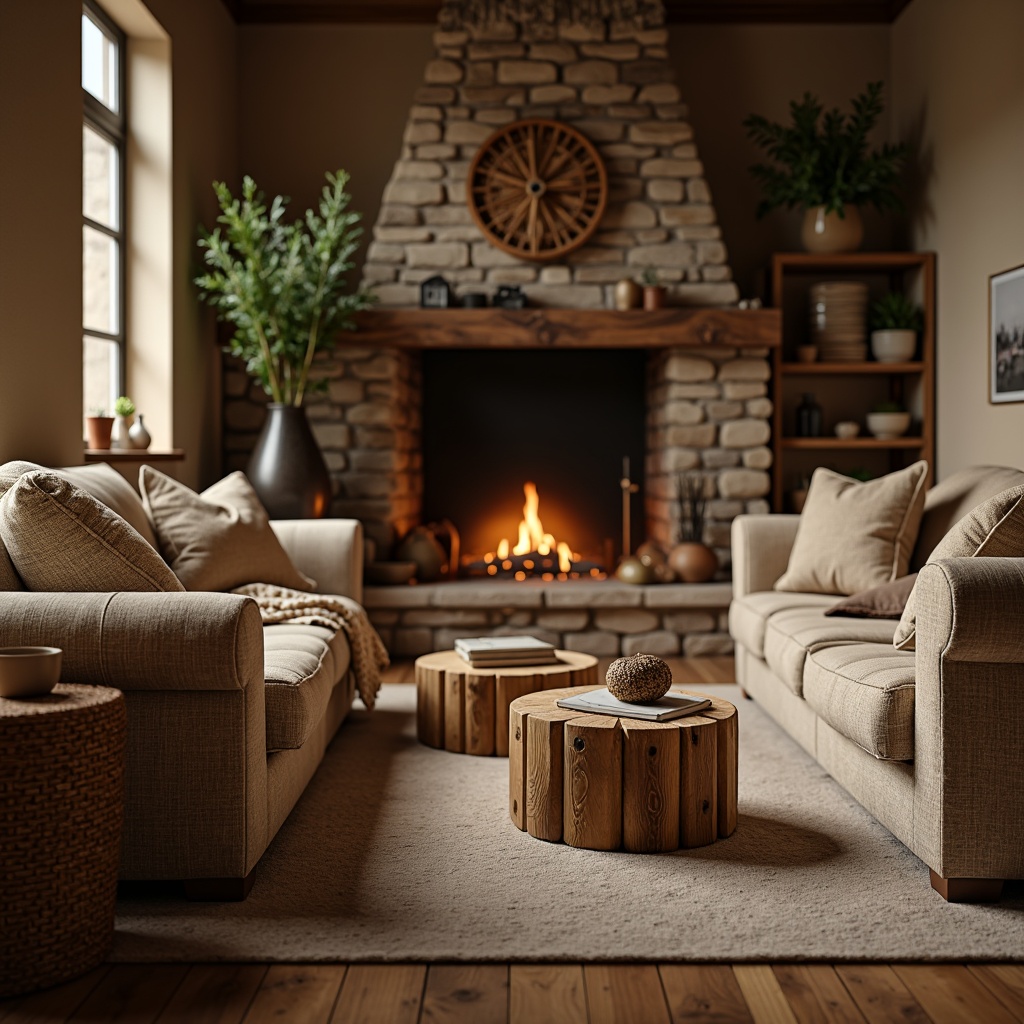 Prompt: Cozy living room, plush throw blankets, soft velvet sofas, warm beige carpets, textured woven baskets, natural wood accents, stone fireplace, crackling flames, dim warm lighting, shallow depth of field, 3/4 composition, realistic textures, ambient occlusion.