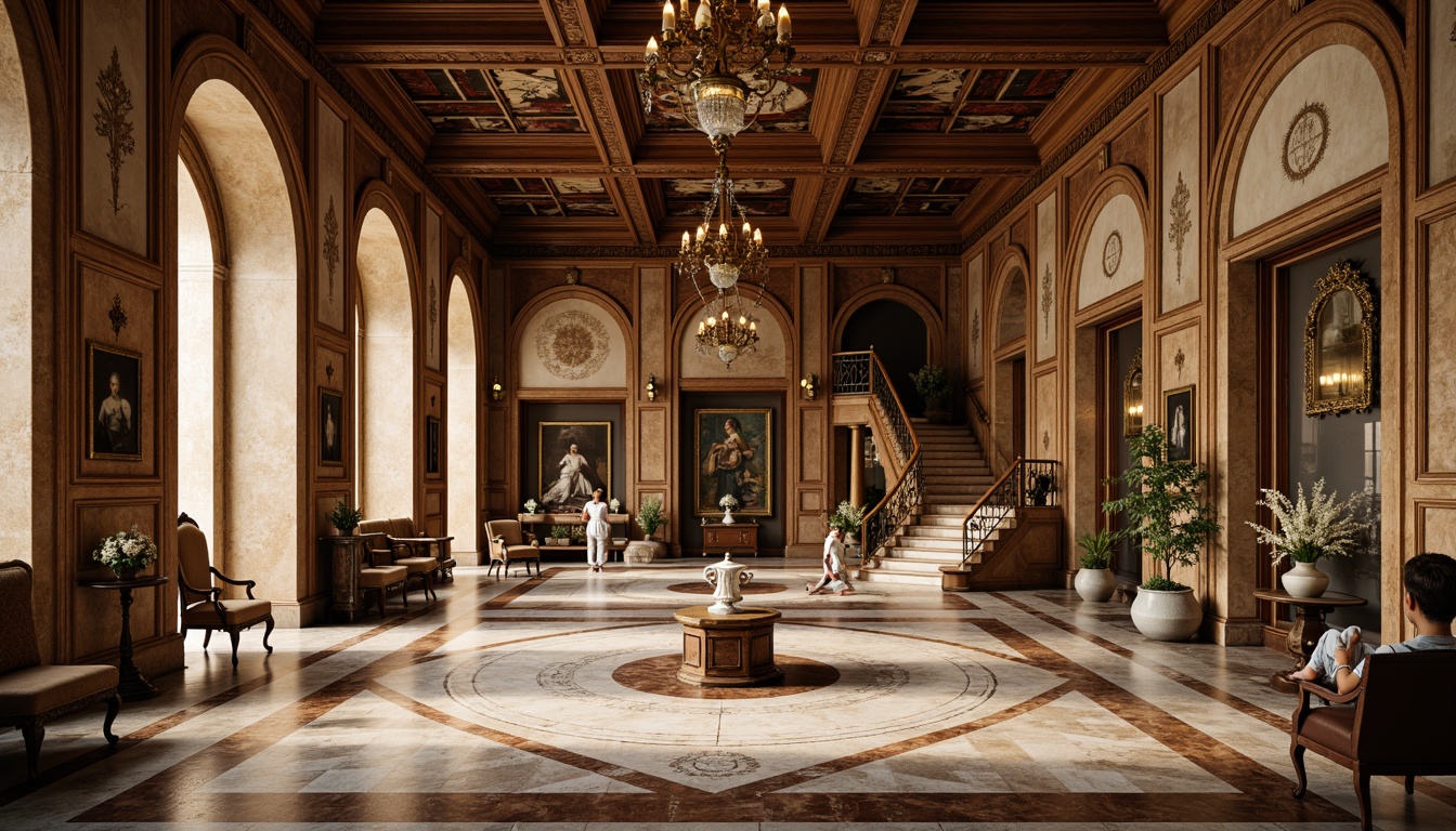 Prompt: Renaissance-inspired museum interior, polished marble floors, intricate stone inlays, ornate wooden panels, lavish tapestries, grand staircases, sweeping archways, high ceilings, ornamental chandeliers, warm golden lighting, soft focus, shallow depth of field, 1/1 composition, elegant furnishings, refined textures, subtle ambient occlusion.