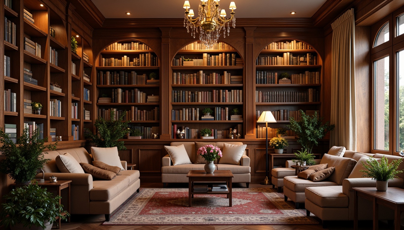 Prompt: Cozy reading nooks, plush velvet armchairs, rich mahogany wood accents, ornate golden fixtures, elegant chandeliers, soft warm lighting, vintage leather-bound books, classic literature displays, comfortable cushioned sofas, rustic wooden tables, decorative antique vases, subtle floral patterns, warm beige color schemes, intimate atmospheric settings, shallow depth of field, 3/4 composition, realistic textures, ambient occlusion.