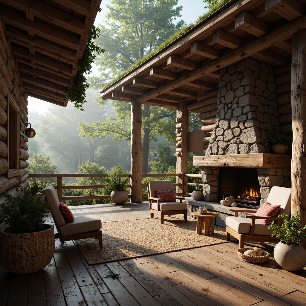 Prompt: Rustic cabin, wooden logs, stone chimney, earthy tones, natural textiles, woven baskets, vintage furniture, distressed wood accents, reclaimed wood floors, organic shapes, moss-covered roofs, forest surroundings, misty morning, warm soft lighting, shallow depth of field, 1/1 composition, intimate atmosphere, realistic textures, ambient occlusion.