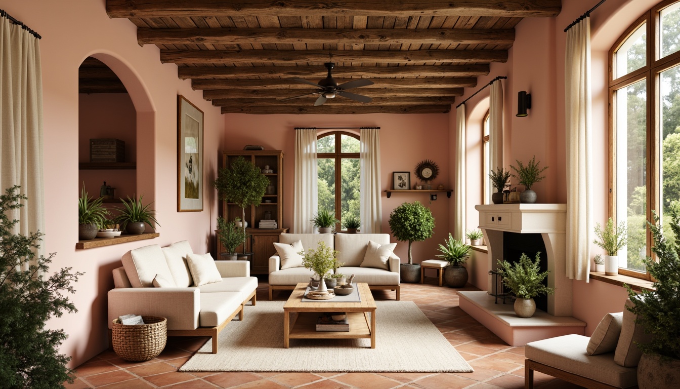 Prompt: Rustic French country cottage, soft peach walls, distressed wooden beams, creamy white trim, muted greenery, vintage metal accents, earthy terracotta floors, natural linen fabrics, warm golden lighting, subtle texture overlays, 1/2 composition, intimate close-up shots, gentle warm color grading, organic natural shapes.