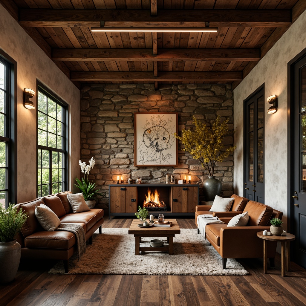 Prompt: Rustic steel-framed interior, reclaimed wood accents, earthy brown tones, weathered metal frames, distressed textures, natural stone walls, wooden beam ceilings, vintage industrial lighting, warm candlelight, cozy throw blankets, plush area rugs, worn leather armchairs, nature-inspired artwork, earthy scents, soft warm glow, shallow depth of field, 2/3 composition, intimate atmosphere, realistic materials, ambient occlusion.