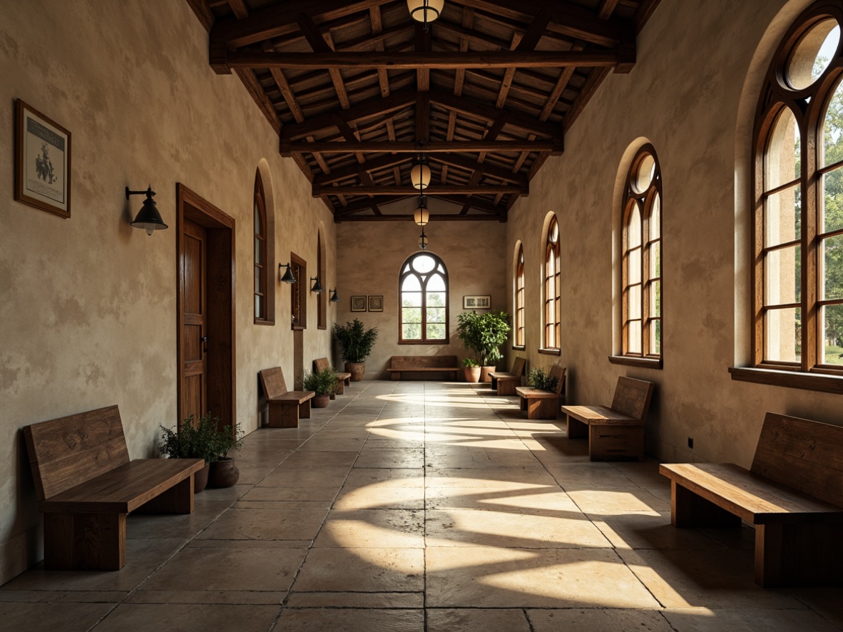 Prompt: Serenely lit monastery corridors, rustic wooden benches, simplicity-driven design, minimalist decor, neutral color palette, natural stone flooring, vaulted ceilings, grand archways, stained glass windows, ornate wooden accents, classic Gothic architecture, tranquil atmosphere, soft warm lighting, shallow depth of field, 1/1 composition, realistic textures, ambient occlusion.