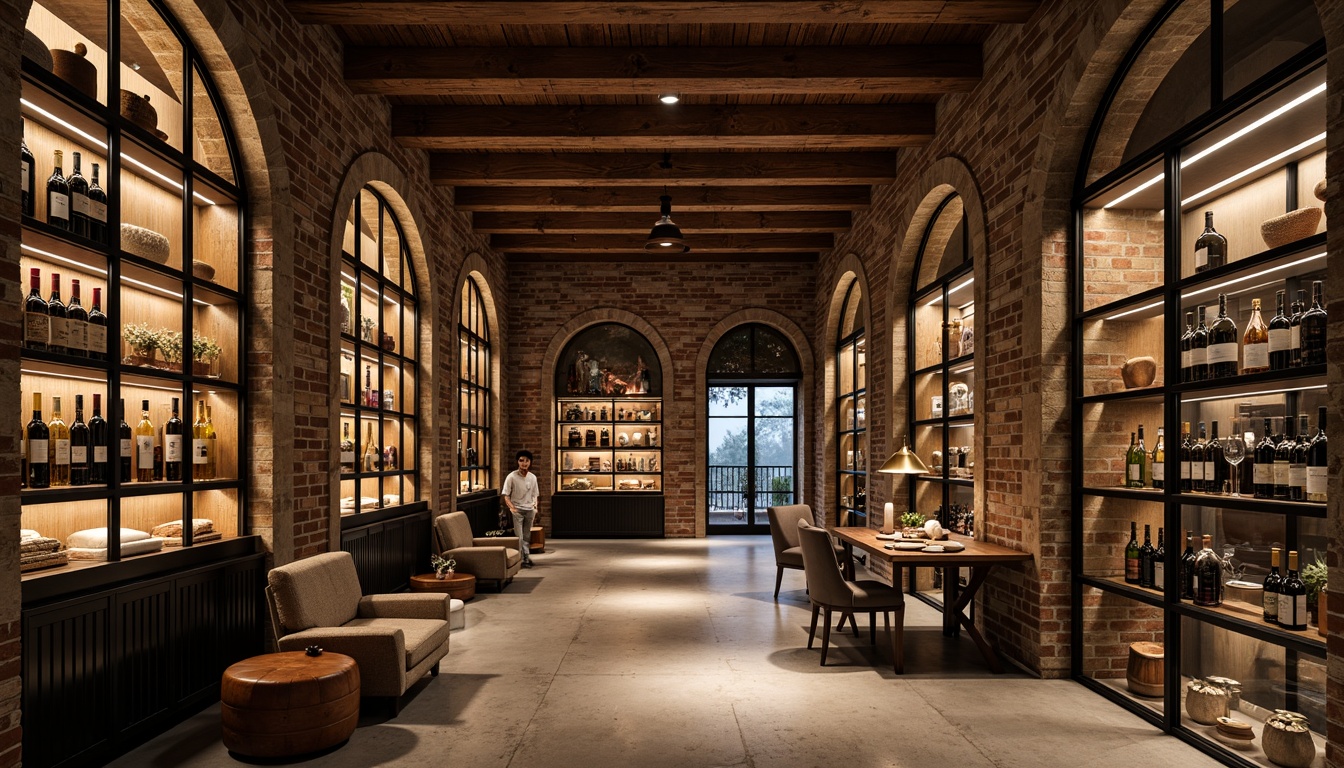 Prompt: Luxurious wine cellar, rich wood tones, steel accents, modern industrial chic, dimly lit ambiance, stone walls, rustic brick arches, polished concrete floors, sleek metal shelving, glass-enclosed wine displays, ambient warm lighting, shallow depth of field, 1/2 composition, realistic reflections, soft focus background.