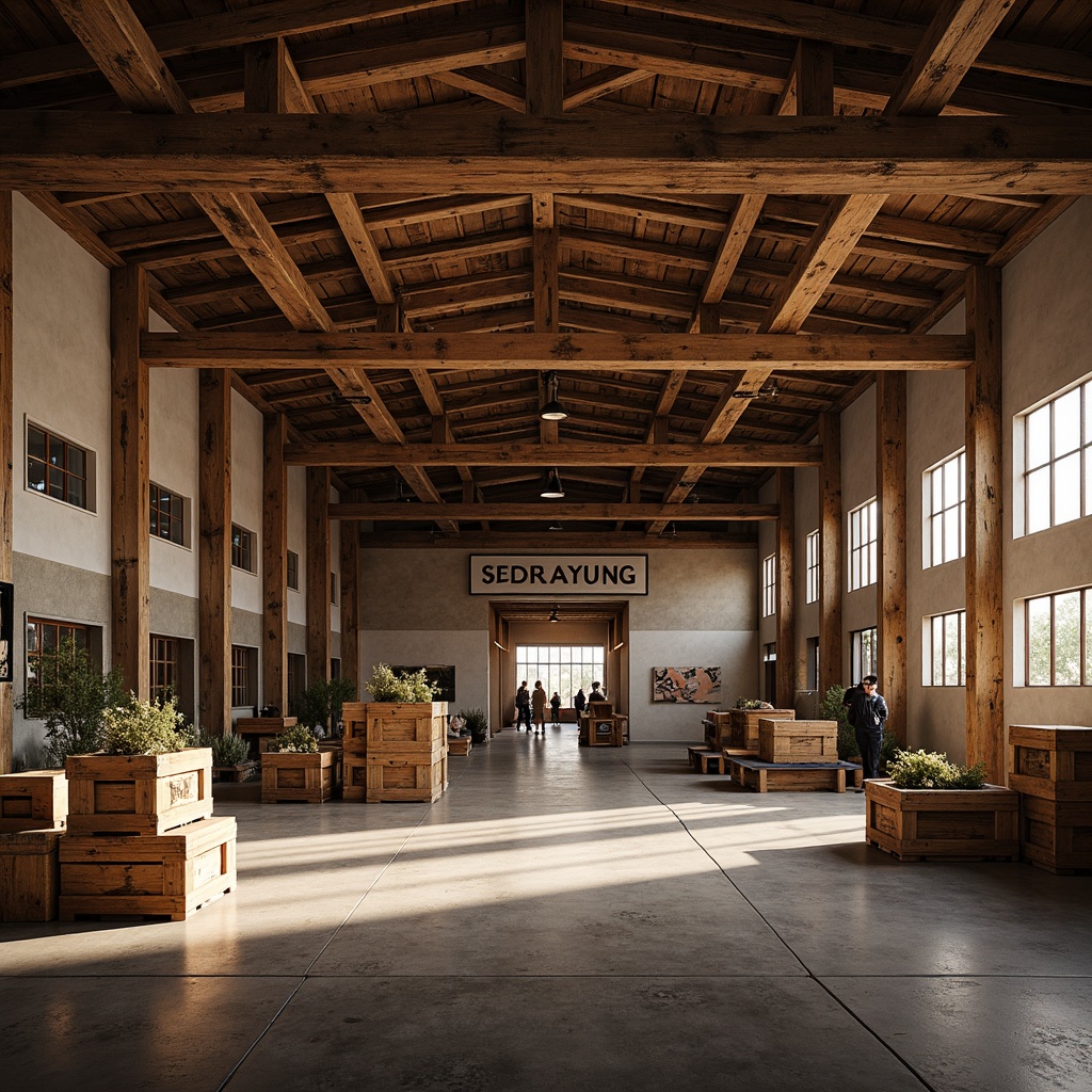 Prompt: Rustic distribution center, exposed wooden beams, reclaimed wood accents, earthy color palette, natural stone walls, metal roofing, industrial lighting fixtures, vintage signage, rustic wooden crates, distressed textures, warm ambient lighting, shallow depth of field, 1/2 composition, realistic render, subtle grain effect, soft focus blur.Let me know if you need any adjustments!