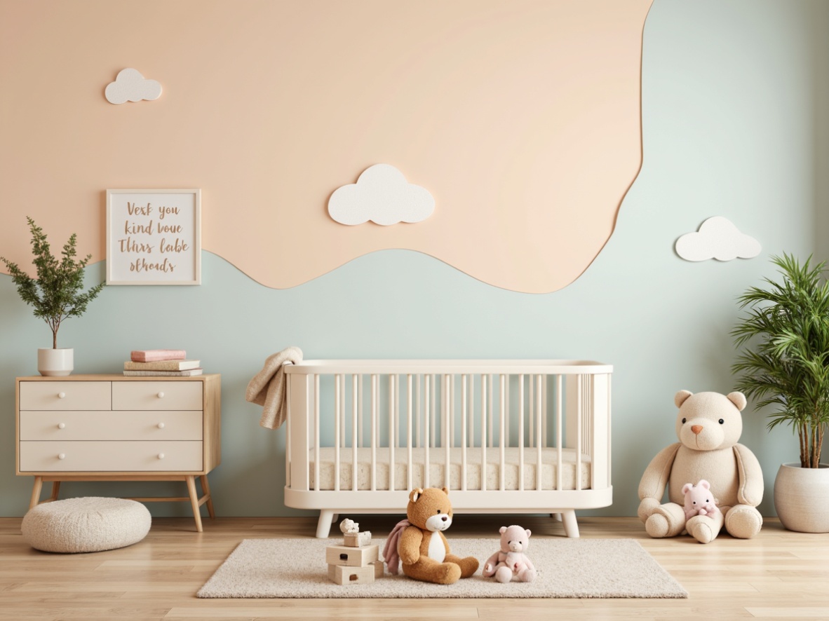 Prompt: Soft pastel hues, calming nursery atmosphere, gentle baby blocks, plush toys, crib bedding, warm beige walls, creamy white furniture, pale blue accents, soft peach tones, natural wood textures, delicate floral patterns, whimsical wall art, soothing ambient lighting, shallow depth of field, 1/1 composition, intimate focus, realistic rendering.