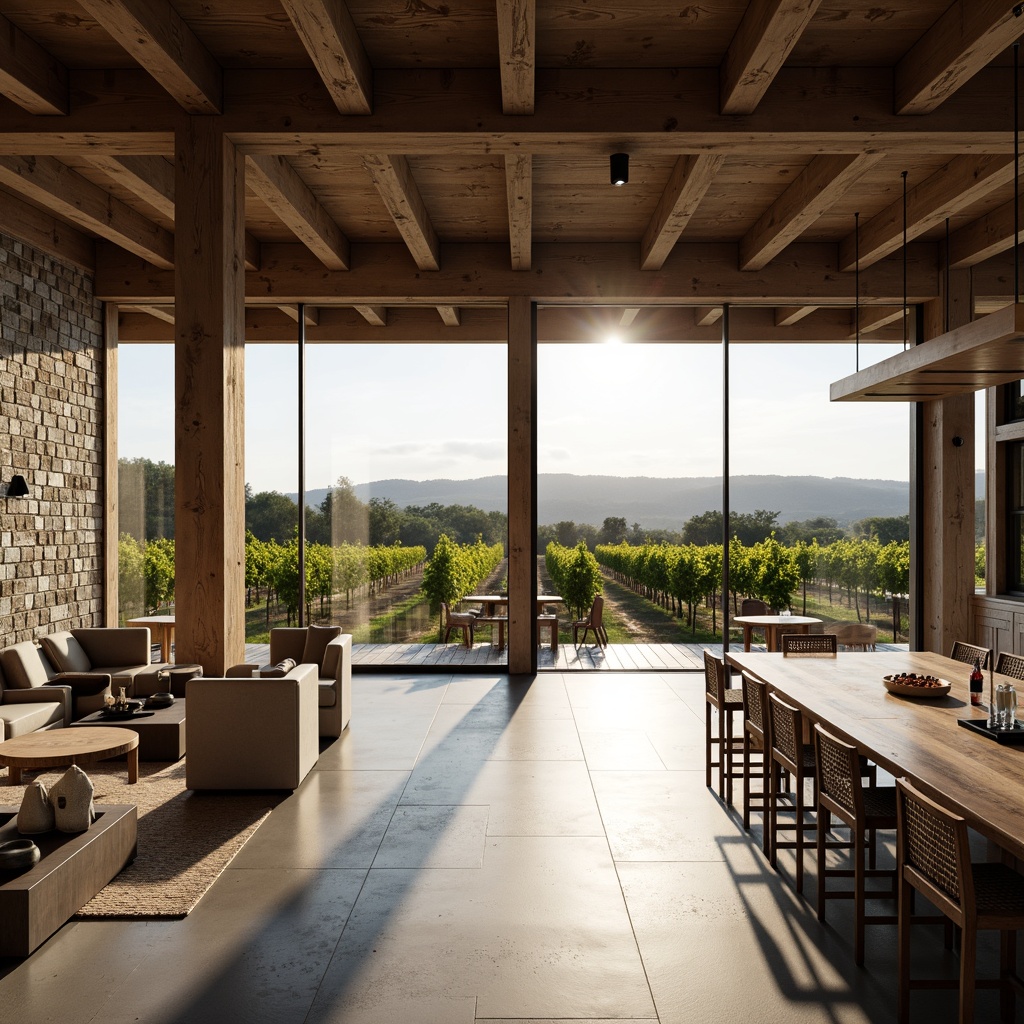 Prompt: Rustic winery, industrial chic, minimalist decor, vast open spaces, concrete floors, steel beams, reclaimed wood accents, natural stone walls, floor-to-ceiling windows, sliding glass doors, rolling hills, lush vineyards, sunny day, soft warm lighting, shallow depth of field, 3/4 composition, panoramic view, realistic textures, ambient occlusion.