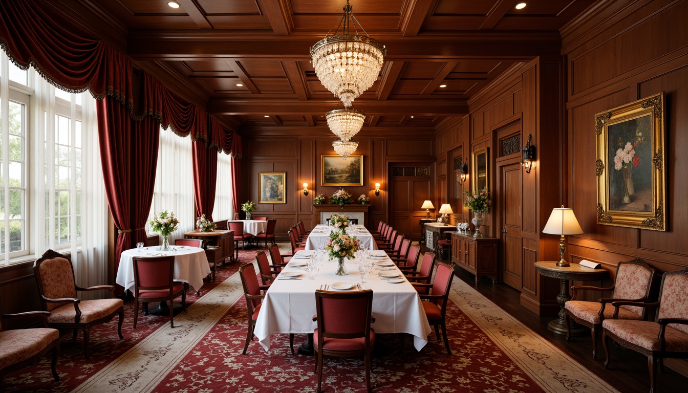 Prompt: Elegant dining room, rich wood tones, ornate furnishings, velvet drapes, crystal chandeliers, antique vases, luxurious carpets, solid wood tables, upholstered chairs, carved wooden cabinets, classic framed artwork, warm golden lighting, shallow depth of field, 2/3 composition, soft focus, realistic textures, ambient occlusion.