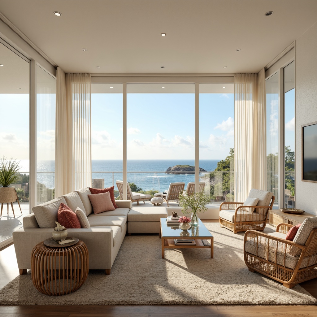 Prompt: Coastal living room, large windows, soft natural light, calming ocean views, creamy white walls, driftwood furniture, woven sea grass textiles, beachy accents, coral-inspired colors, shells decorations, glass coffee tables, woven rattan chairs, plush area rugs, soft blue-gray hues, airy feel, 1/1 composition, warm sunlight, subtle shadows, realistic wood textures.