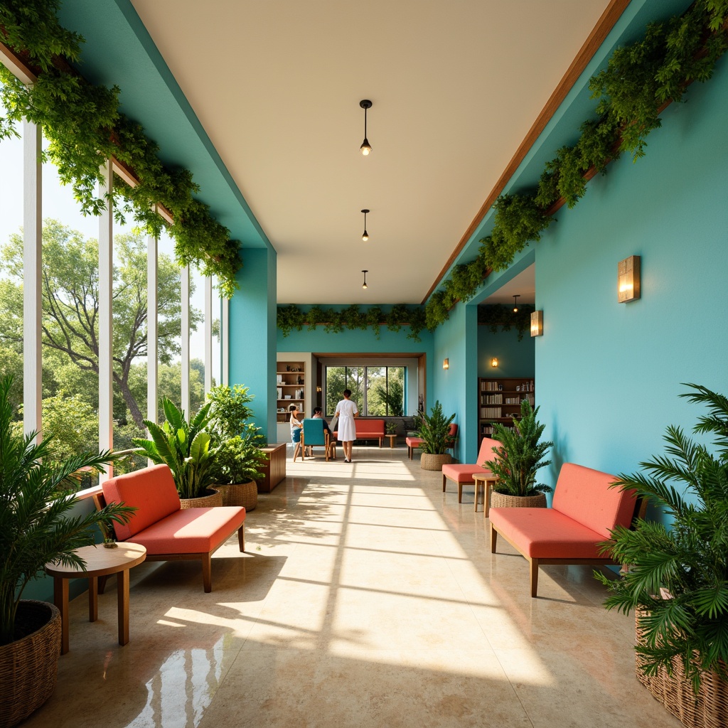 Prompt: Vibrant tropical healthcare center, calming ocean blue walls, soothing greenery accents, natural wood textures, warm beige flooring, refreshing aqua tones, exotic floral patterns, bright coral highlights, lively citrus colors, soft cream ceilings, airy open spaces, lush indoor gardens, modern minimalist decor, comfortable waiting areas, serene ambiance, warm sunny lighting, shallow depth of field, 1/2 composition, realistic textures, ambient occlusion.