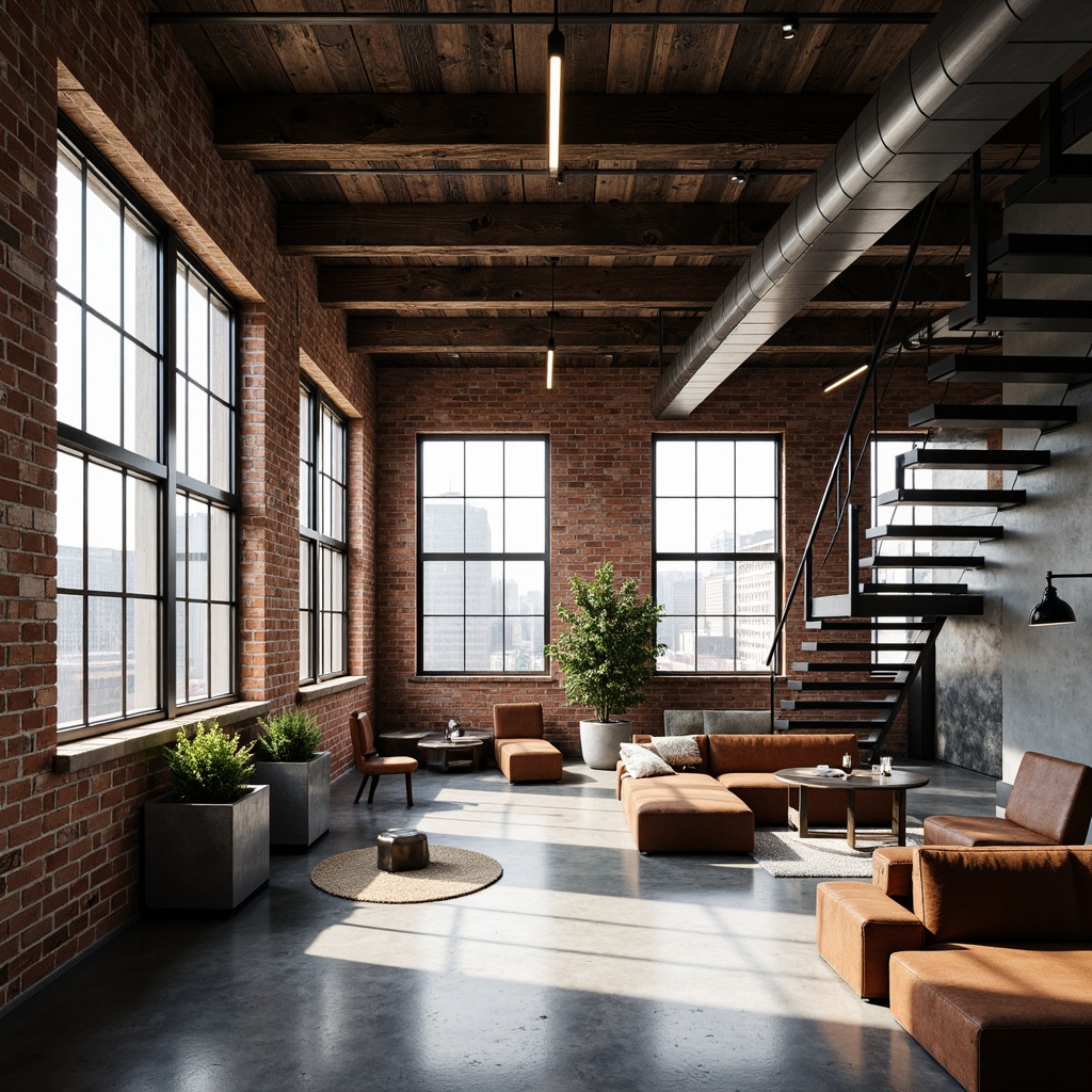 Prompt: Exposed brick walls, metal beams, reclaimed wood accents, industrial-style lighting fixtures, polished concrete floors, sleek metal staircases, minimalist decor, urban loft atmosphere, abundant natural light, large windows, cityscape views, modern furniture pieces, bold color schemes, textured fabrics, metallic tones, dynamic shadows, high-contrast lighting, dramatic composition, 2/3 rule, cinematic mood.