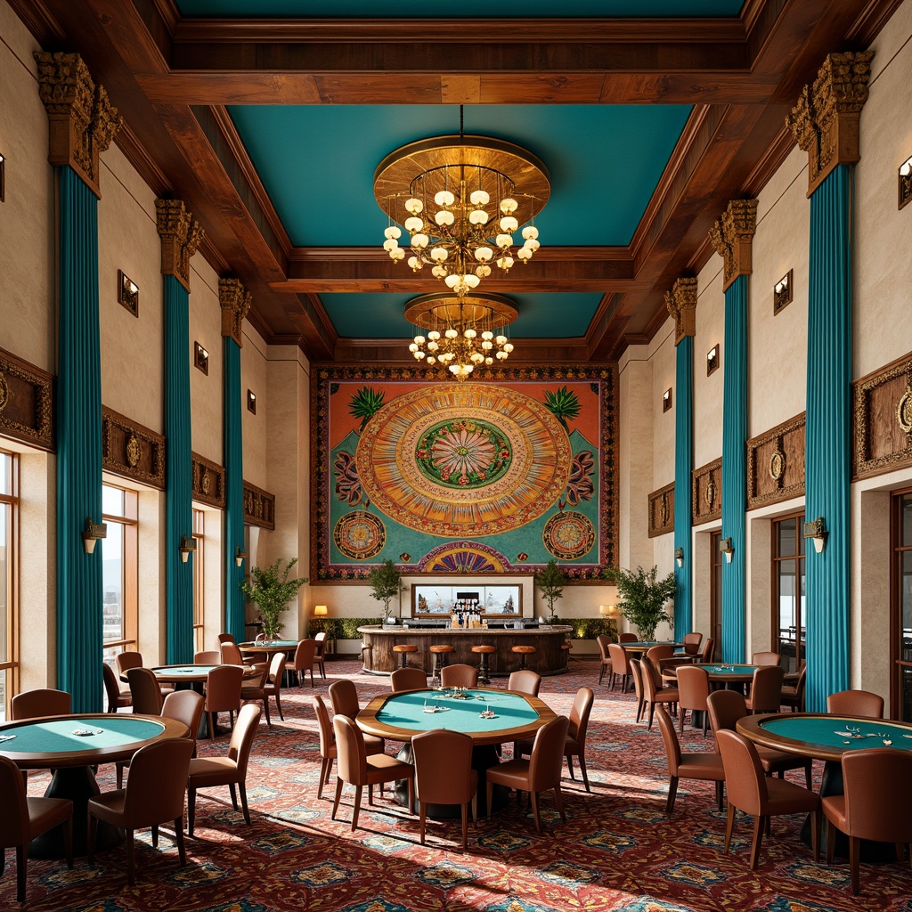 Prompt: Vibrant turquoise accents, ornate wooden carvings, rustic stone walls, luxurious velvet drapes, intricate patterned rugs, lavish golden lighting fixtures, majestic grand chandeliers, plush leather seating areas, richly textured tribal-inspired tapestries, colorful Navajo-inspired geometric motifs, warm earthy tones, dramatic ceiling heights, spacious open floor plans, glamorous casino bars, sparkling crystal glassware, extravagant poker tables, opulent VIP lounges, Southwestern desert landscape views, sunny daytime ambiance, soft warm lighting, shallow depth of field, 3/4 composition, panoramic view, realistic textures, ambient occlusion.