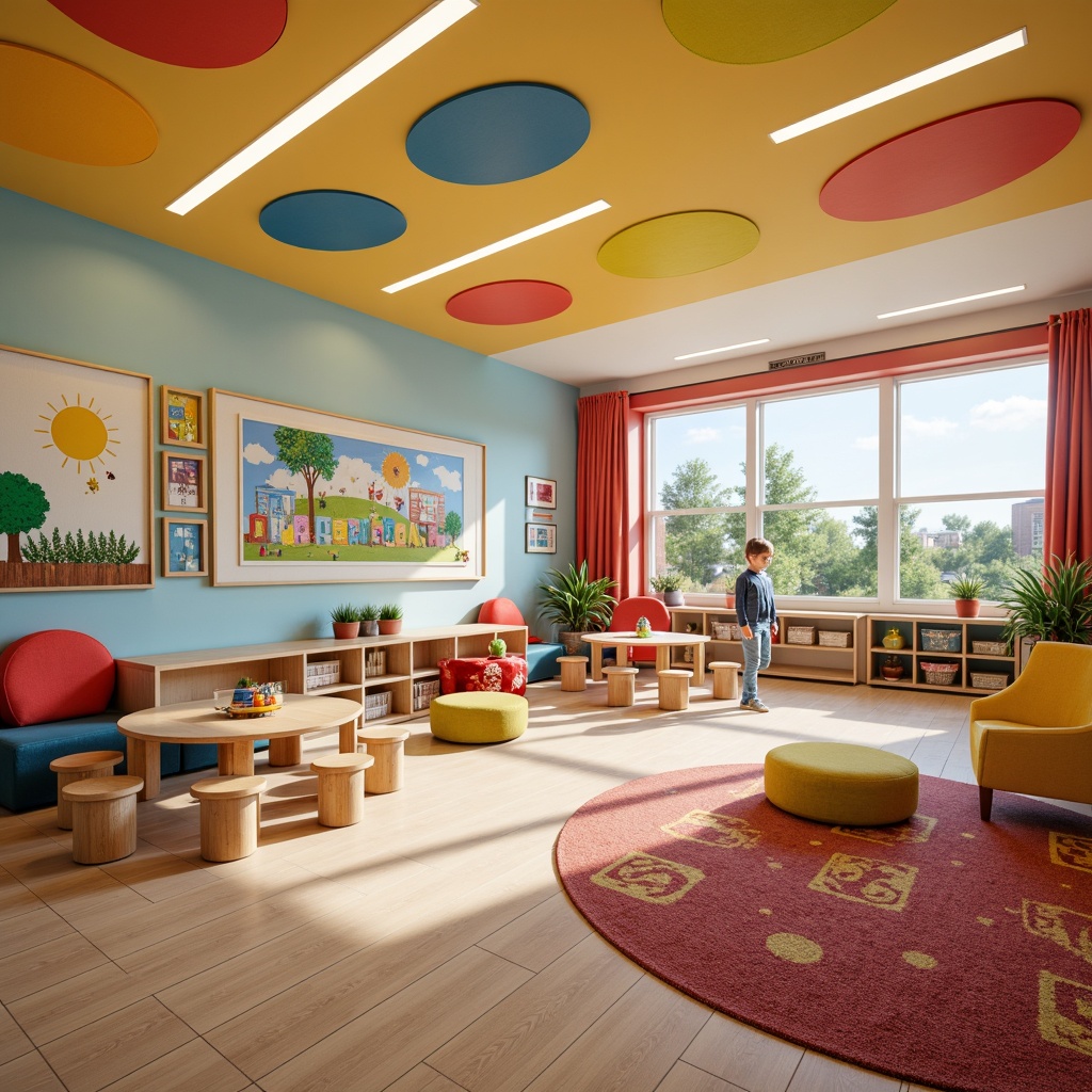 Prompt: Vibrant kindergarten interior, bright color accents, playful furniture, rounded shapes, soft cushions, educational wall art, interactive display boards, child-sized tables, tiny chairs, colorful storage bins, natural wood flooring, cozy reading nooks, warm lighting fixtures, whimsical decorative elements, textured rugs, fun patterns, circular windows, cheerful atmosphere, shallow depth of field, 1/1 composition, realistic textures, ambient occlusion.