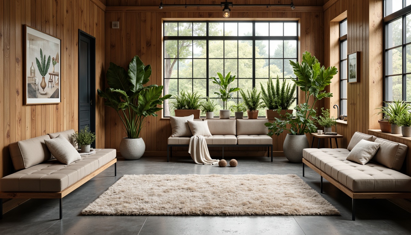 Prompt: Cozy mudroom, plush area rug, modern stylish benches, tufted upholstery, soft velvet cushions, warm beige tones, natural wood accents, minimalist metal legs, industrial chic decor, reclaimed wood walls, concrete floor, large windows, abundance of greenery, pendant lighting, soft warm glow, 1/1 composition, realistic textures, ambient occlusion.