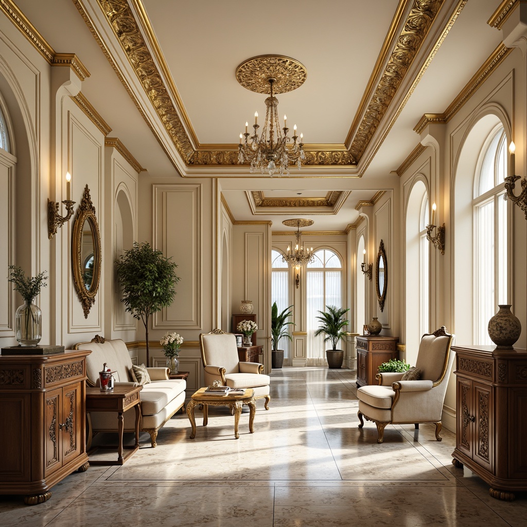 Prompt: Intricate ornate moldings, luxurious gold leaf details, soft cream-colored walls, elegant curved lines, exquisite furnishings, antique storage cabinets, ornamental mirrors, lavish chandeliers, rich velvet fabrics, intricate carvings, opulent marble floors, warm soft lighting, shallow depth of field, 1/1 composition, realistic textures, ambient occlusion.