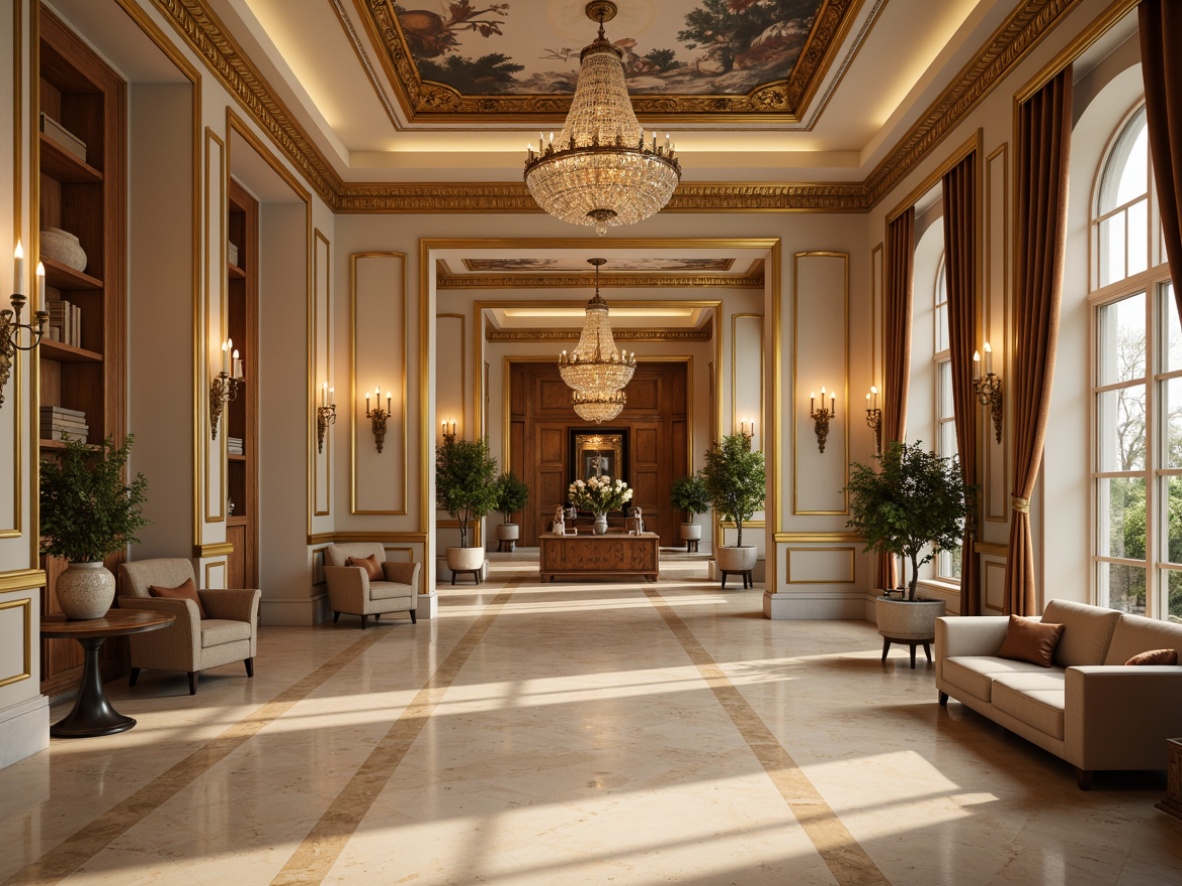 Prompt: Elegant neoclassical interior, cream-colored marble floors, rich walnut wood paneling, ornate golden moldings, soft beige walls, luxurious velvet fabrics, subtle satin finishes, intricate fresco ceilings, dramatic crystal chandeliers, warm candlelight ambiance, 1/2 composition, shallow depth of field, realistic textures, ambient occlusion.