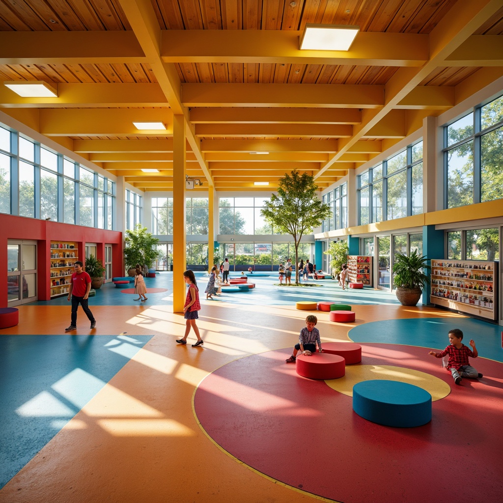 Prompt: Vibrant youth center, playful atmosphere, durable flooring, bright colors, safety features, slip-resistant surfaces, shock-absorbing materials, sound-dampening effects, modern design, open spaces, recreational areas, sports zones, game rooms, educational corners, comfortable seating, ergonomic furniture, natural light, soft warm lighting, shallow depth of field, 3/4 composition, panoramic view, realistic textures, ambient occlusion.