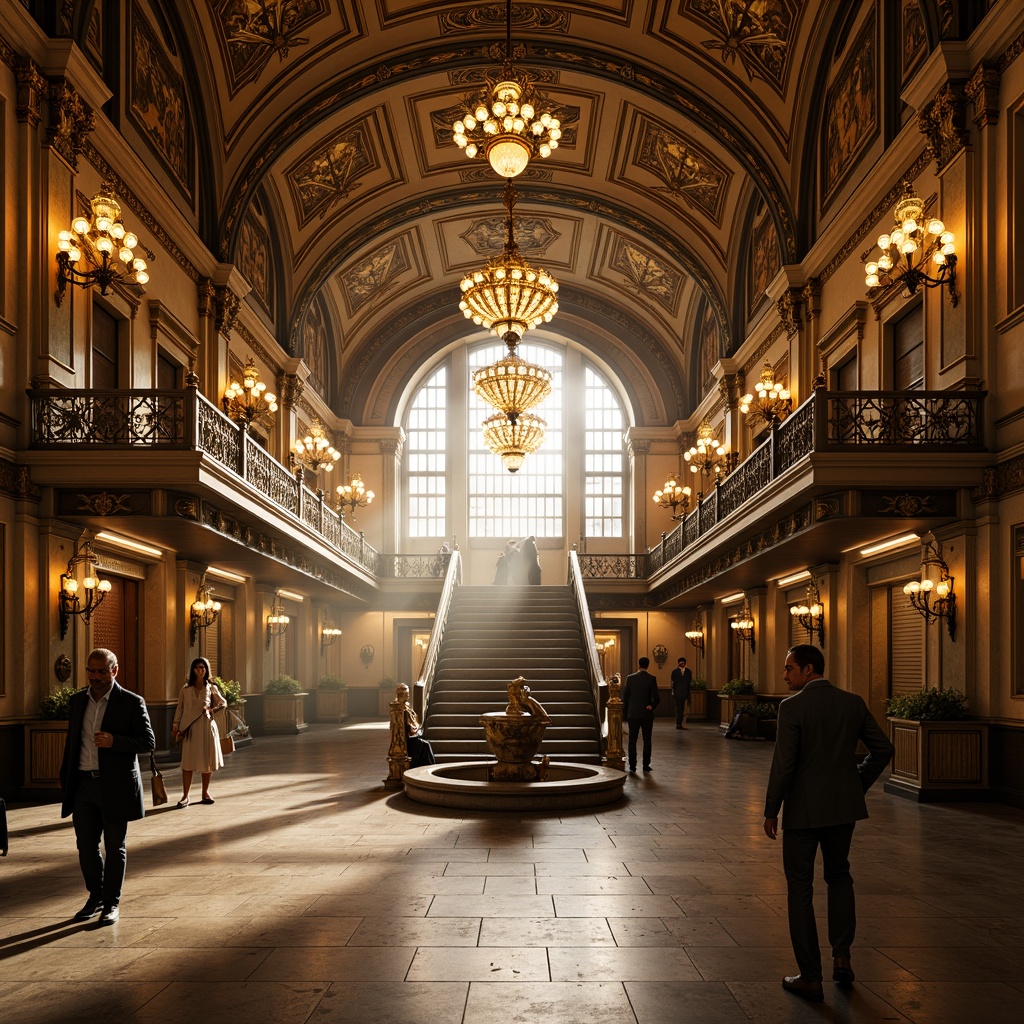 Prompt: Grand metro station, ornate Baroque architecture, intricate carvings, gilded accents, lavish chandeliers, sweeping arches, vaulted ceilings, marble flooring, ornamental railings, bronze statues, grand staircases, majestic columns, frescoed walls, dramatic lighting, warm golden tones, rich textures, high-contrast shadows, symmetrical composition, 1/2 framing, atmospheric misting, cinematic mood.