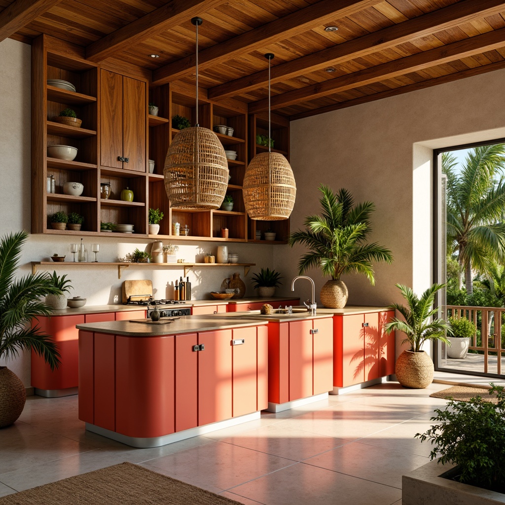 Prompt: Vibrant tropical kitchen, exotic island vibe, rich wood cabinetry, bright coral countertops, glossy polished finish, natural stone backsplash, woven rattan pendant lights, lush greenery, potted palm trees, warm beige flooring, soft golden lighting, 3/4 composition, shallow depth of field, realistic textures, ambient occlusion.