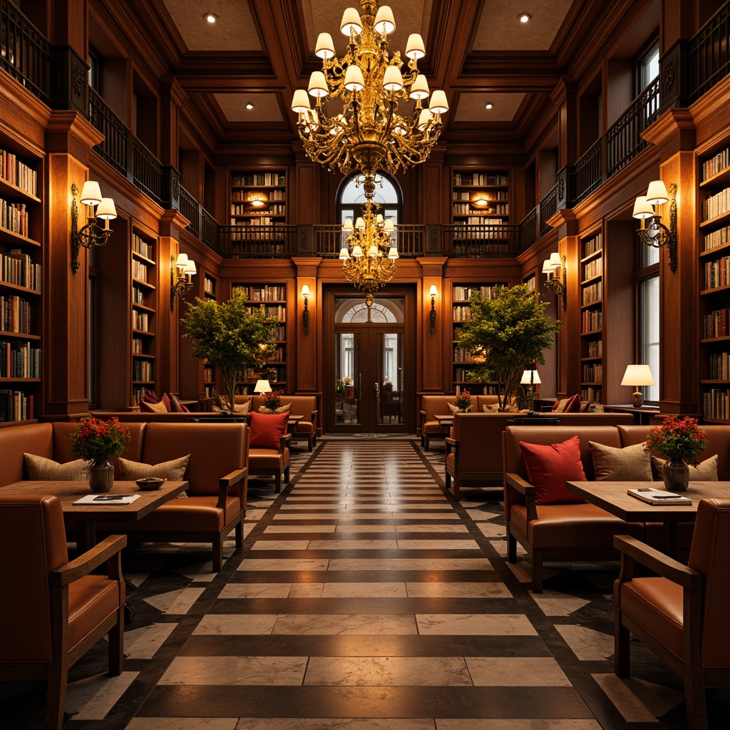 Prompt: Warm golden lighting, ornate chandeliers, rich wood tones, leather-bound tomes, comfortable reading nooks, elegant wooden shelves, classic architecture, high ceilings, grand entranceways, intricately carved details, soft warm color palette, subtle texture overlays, 1/2 composition, shallow depth of field, realistic reflections, ambient occlusion.