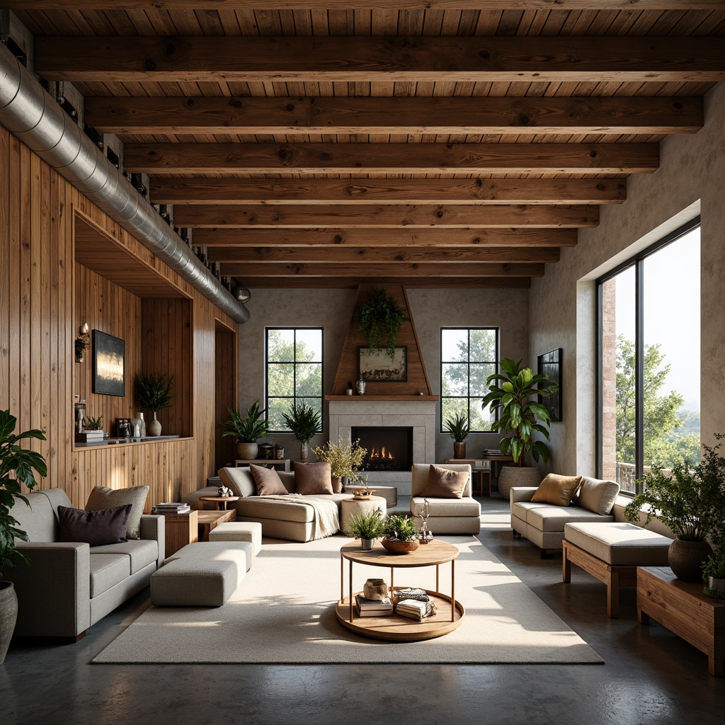 Prompt: Rustic wooden beams, distressed finishes, earthy tones, natural textures, exposed ductwork, industrial chic aesthetic, open-plan living space, modern farmhouse style, cozy atmosphere, warm ambient lighting, dramatic shadows, 3/4 composition, shallow depth of field, realistic renderings.