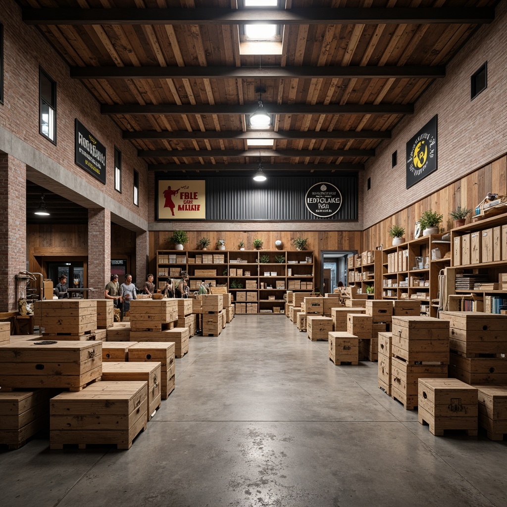 Prompt: Rustic distribution center, open layout, wooden crates, industrial lighting, concrete floors, metal beams, reclaimed wood accents, earthy color palette, natural stone walls, functional shelving units, vintage factory equipment, distressed metal signs, worn brick textures, warm softbox lighting, shallow depth of field, 1/2 composition, realistic materials, ambient occlusion.